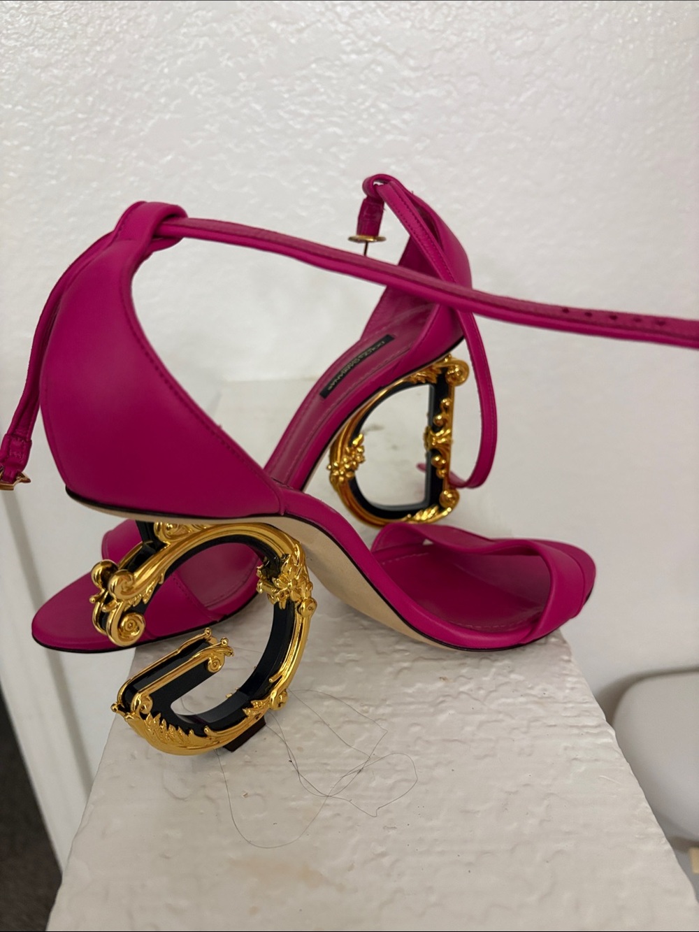 Dolce & Gabbana Hot Pink Ankle-Strap Heels with Ornate Gold Scroll Heel